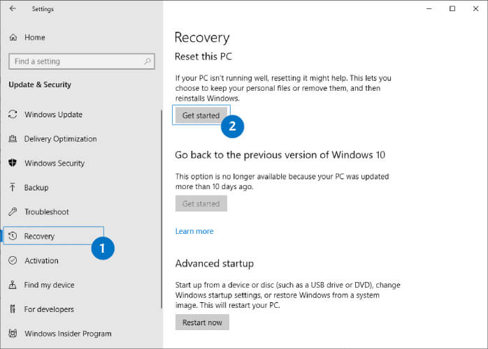 Recovery Options Windows 10