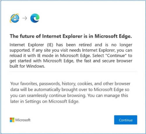 Internet Explorer to Edge Redirection Message