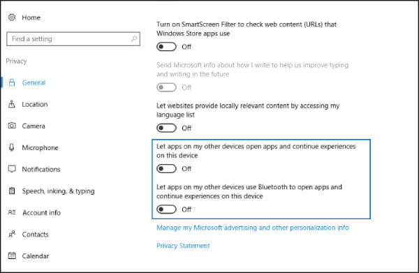 Change your Privacy settings Windows