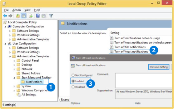 Turn off Toast Notifications Group Policy Editor Windows