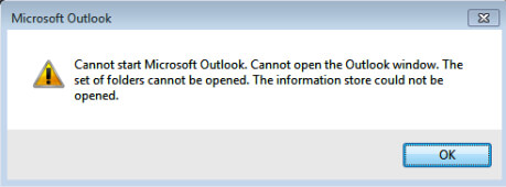 Cannot start Microsoft Outlook. Cannot open the Outlook window. The set of folders cannot be opened. The information store could not be opened.