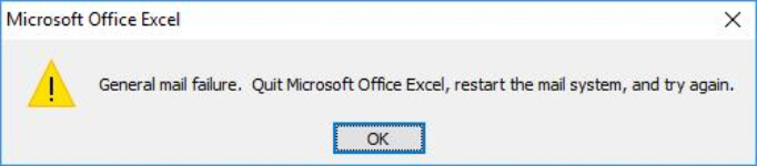 General mail failure. Quit Microsoft Excel, restart the mail system, and try again.