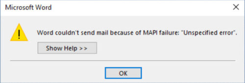 Word couldn't send mail because of MAPI failure