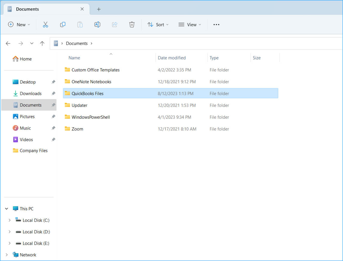Create New Folder QuickBooks Files