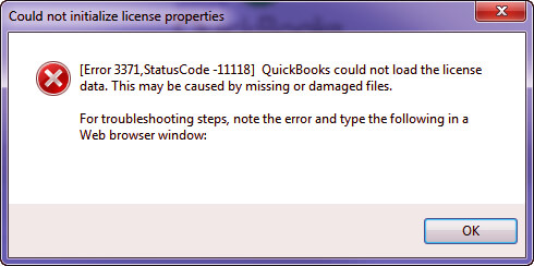 QuickBooks Error Code 3371 Could not initialize license properties. Error 3371 StatusCode 11118. QuickBooks could not load the license data