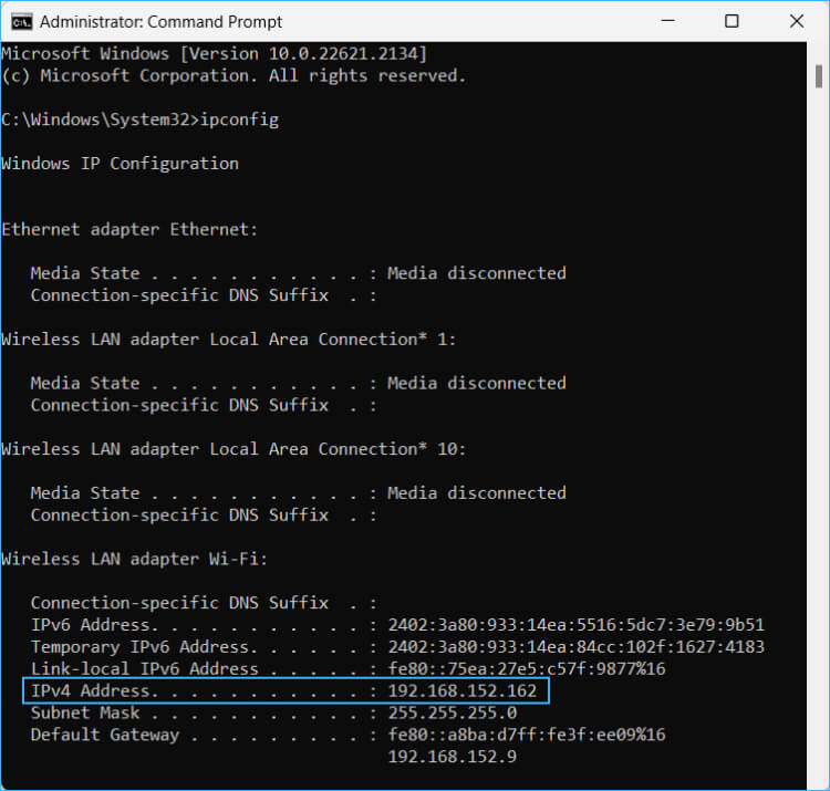 ipconfig Command in Command Prompt